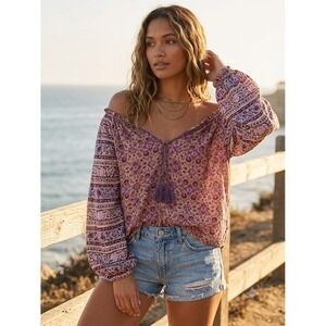 Billabong Boho Floral Paisley Tassel Tie Long‎ Sleeve Rayon Top Purple Tan M